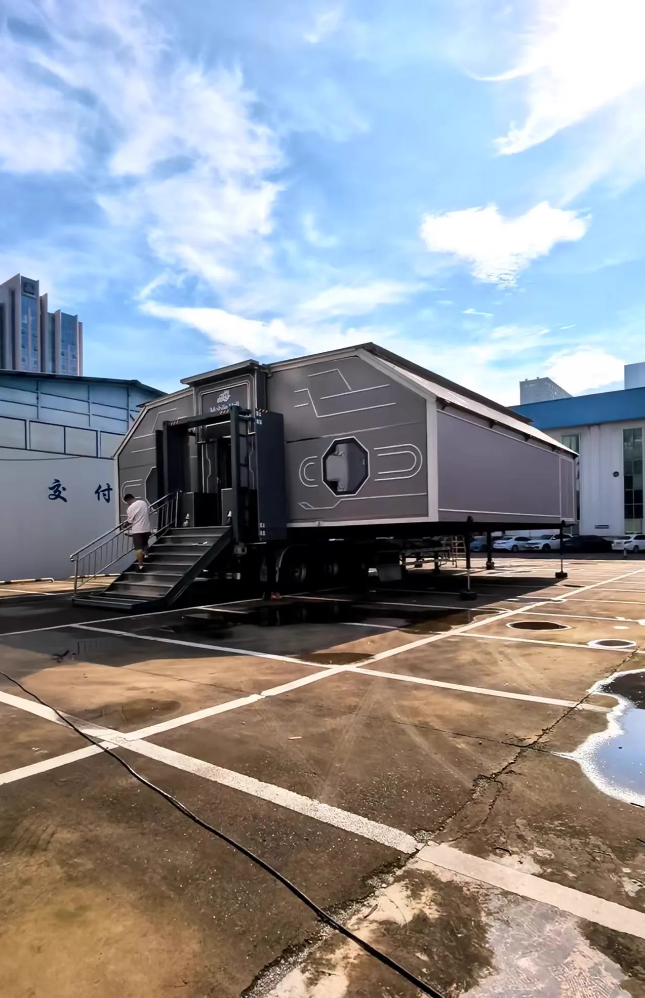 Deployed exterior, corner view — MBFD 45ft container venue