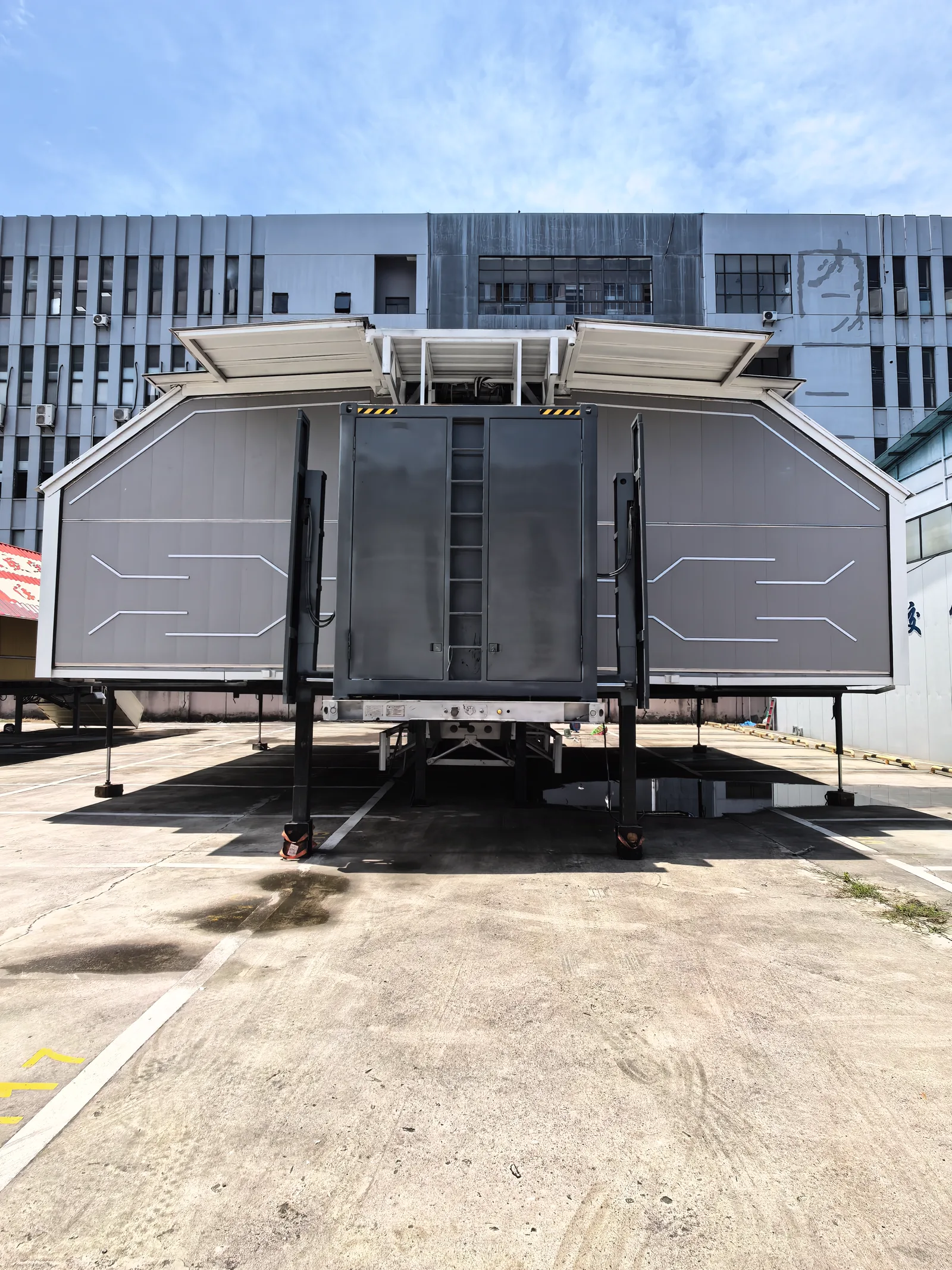 Deployed exterior, end view — MBFD 45ft container venue