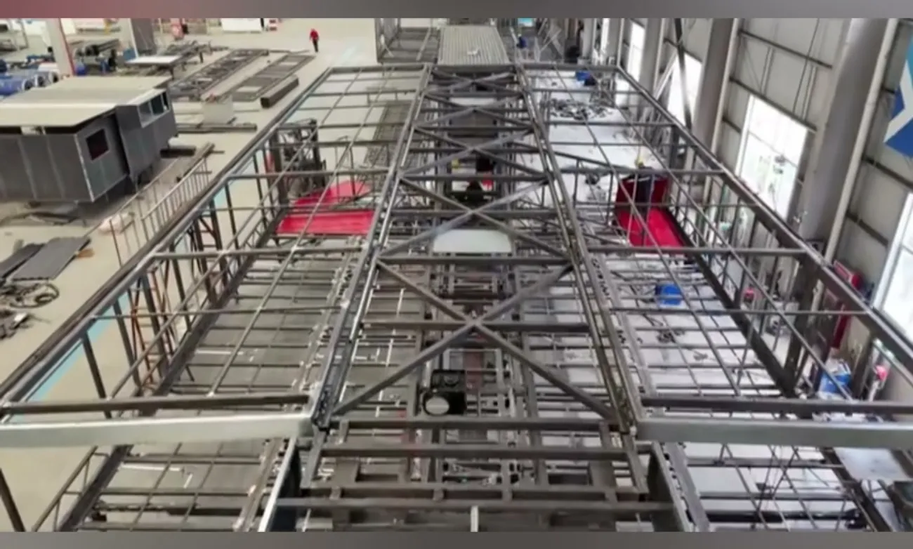Steel framework for an expandable commercial venue under assembly inside the MBFD factory